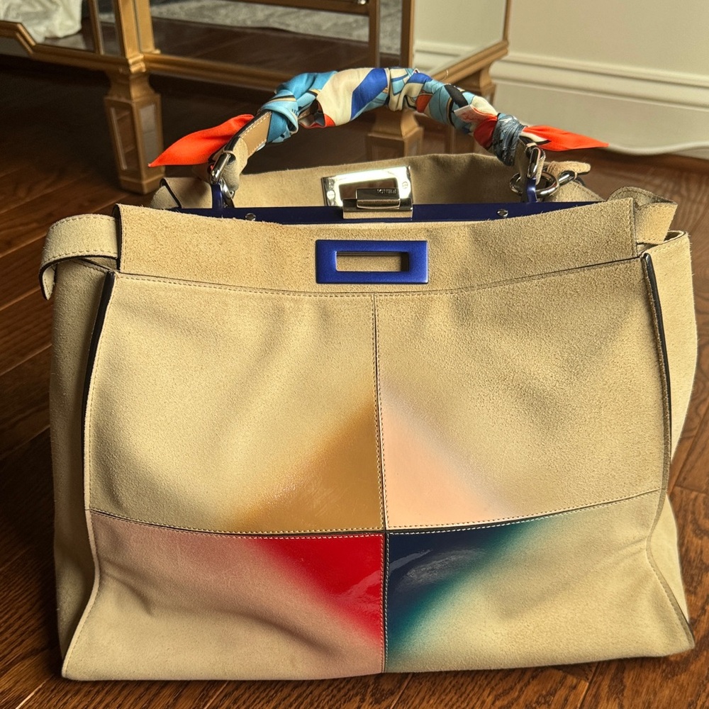 Fendi Beige Suede Satchel with Multicolor Accent Panel and Scarf-Wrapped Handle